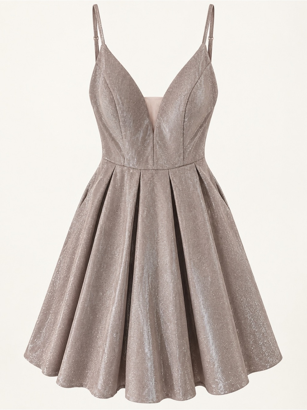 Metallic Champagne Shimmer Fit & Flare Mini Dress Pockets